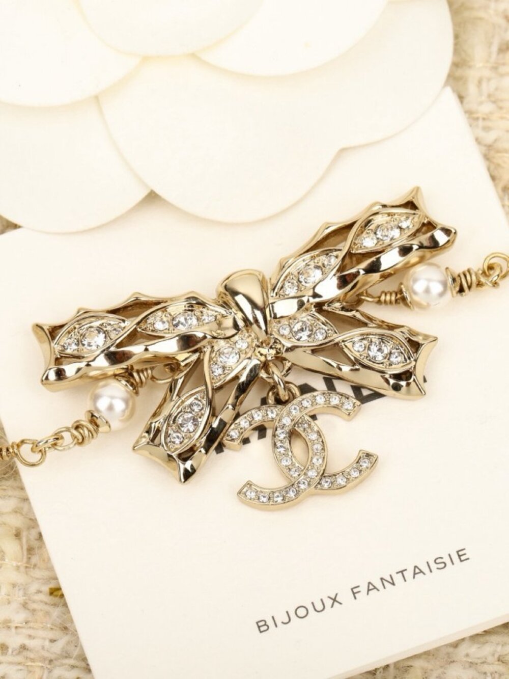 Chanel Gold-Tone Crystal Bow Pendant CC Drop Necklace